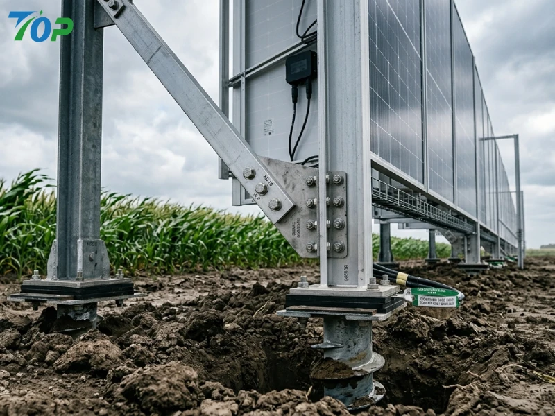 Low-angle view of vertical solar mounting structure using diagonal braces and ground screw foundations for agricultural wind load resistance.