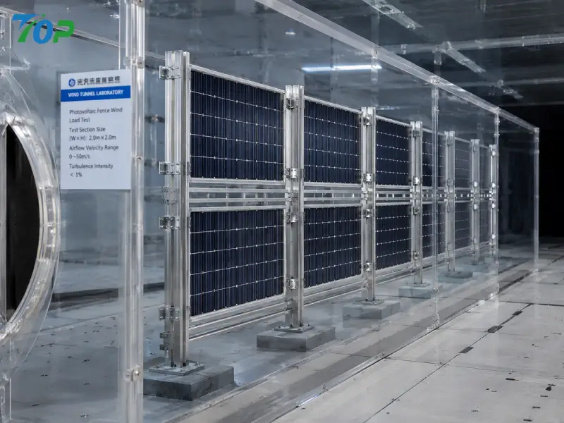 Wind tunnel testing of photovoltaic fence model for structural stability analysis.